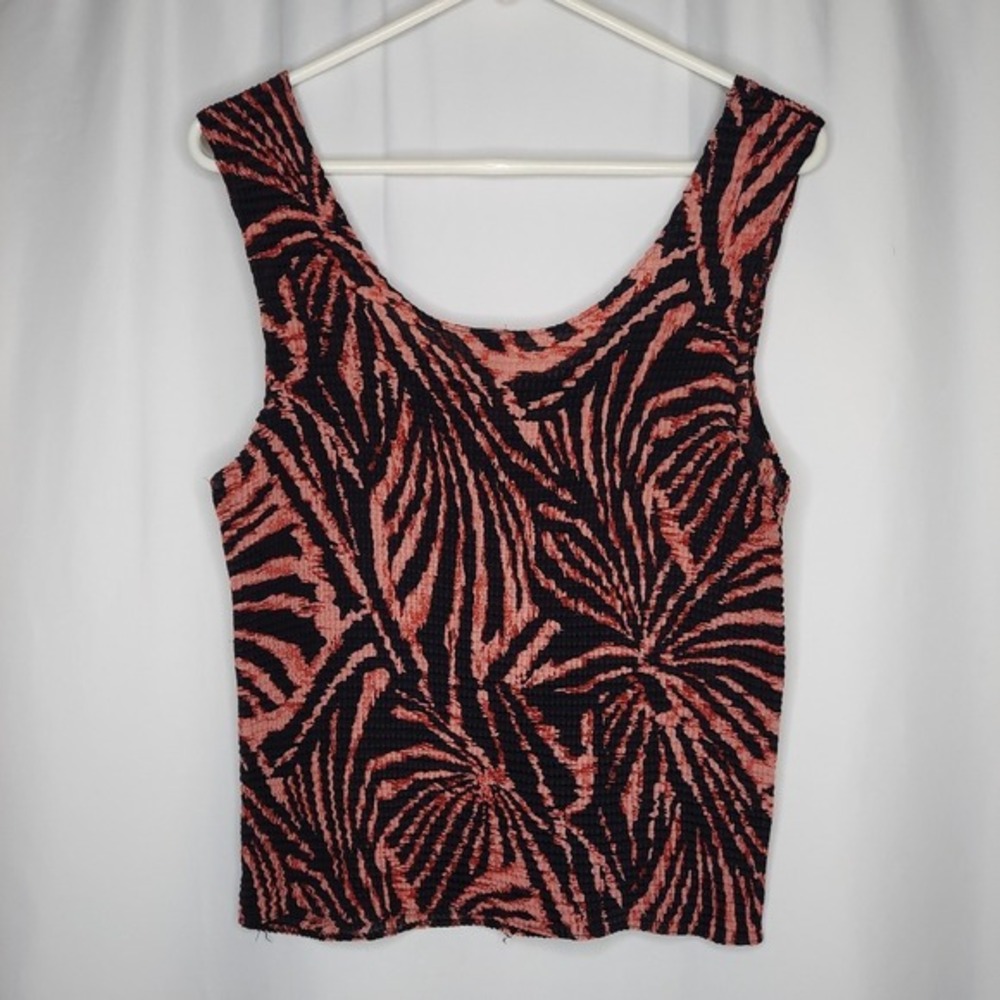 Plisse Tank Top‎ Womens XL Black Peach Zebra Pleated Chiffon Stretch Grunge Glam